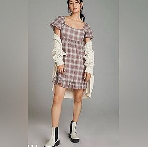 Anthropologie Maeve Flutter-Sleeved Grey Plaid Mini Dress